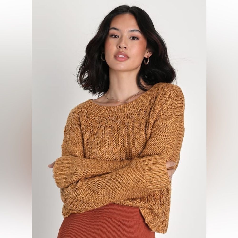 Lulus Crisp Charm Mustard Yellow Textured Knit Pullover Sweater Size L